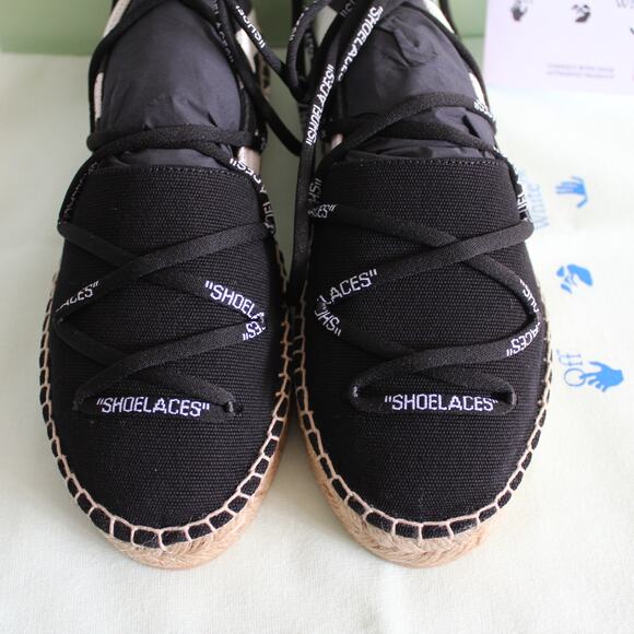 Off-White c/o Virgil Abloh Black & White Canvas Striped Lace-Up Espadrille Flat - Picture 7 of 16